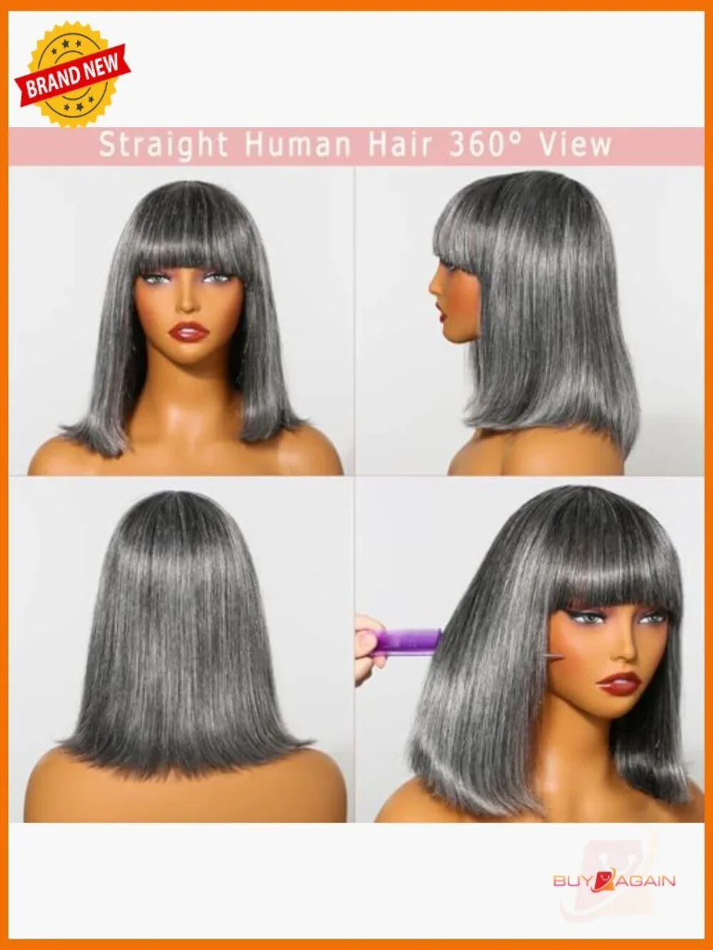 Salt and Pepper Human Hair Bob Wig with Bangs Glueless Straight Short 10 Inch - Picture 2 of 6